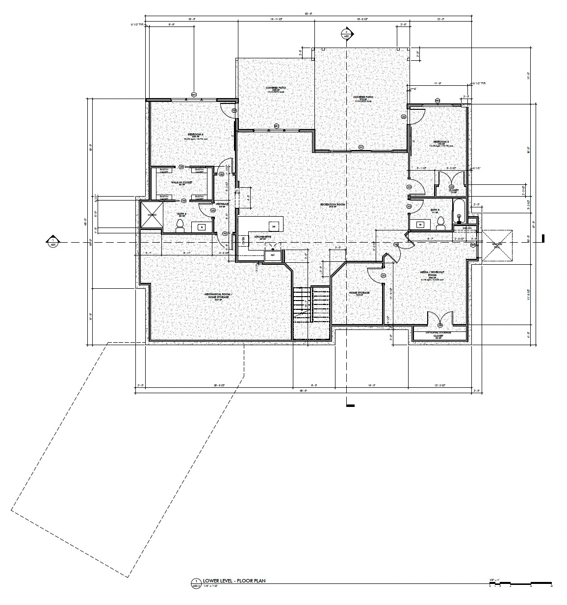 Lower-level floor plan: recreation room with kitchenette, covered patio, bedrooms 3 and 4 each with a bath, media and workout room, and storage