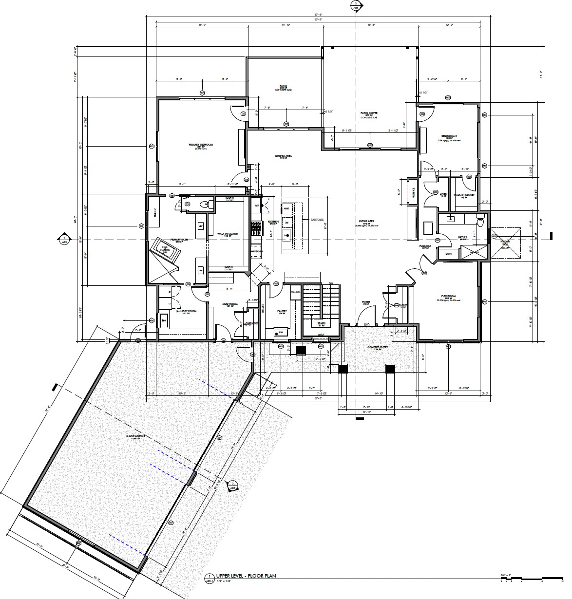 Main-level floor plan: four-car garage, mudroom, laundry and pantry, open kitchen, dining and living, covered patio, primary suite, second bedroom and flex room