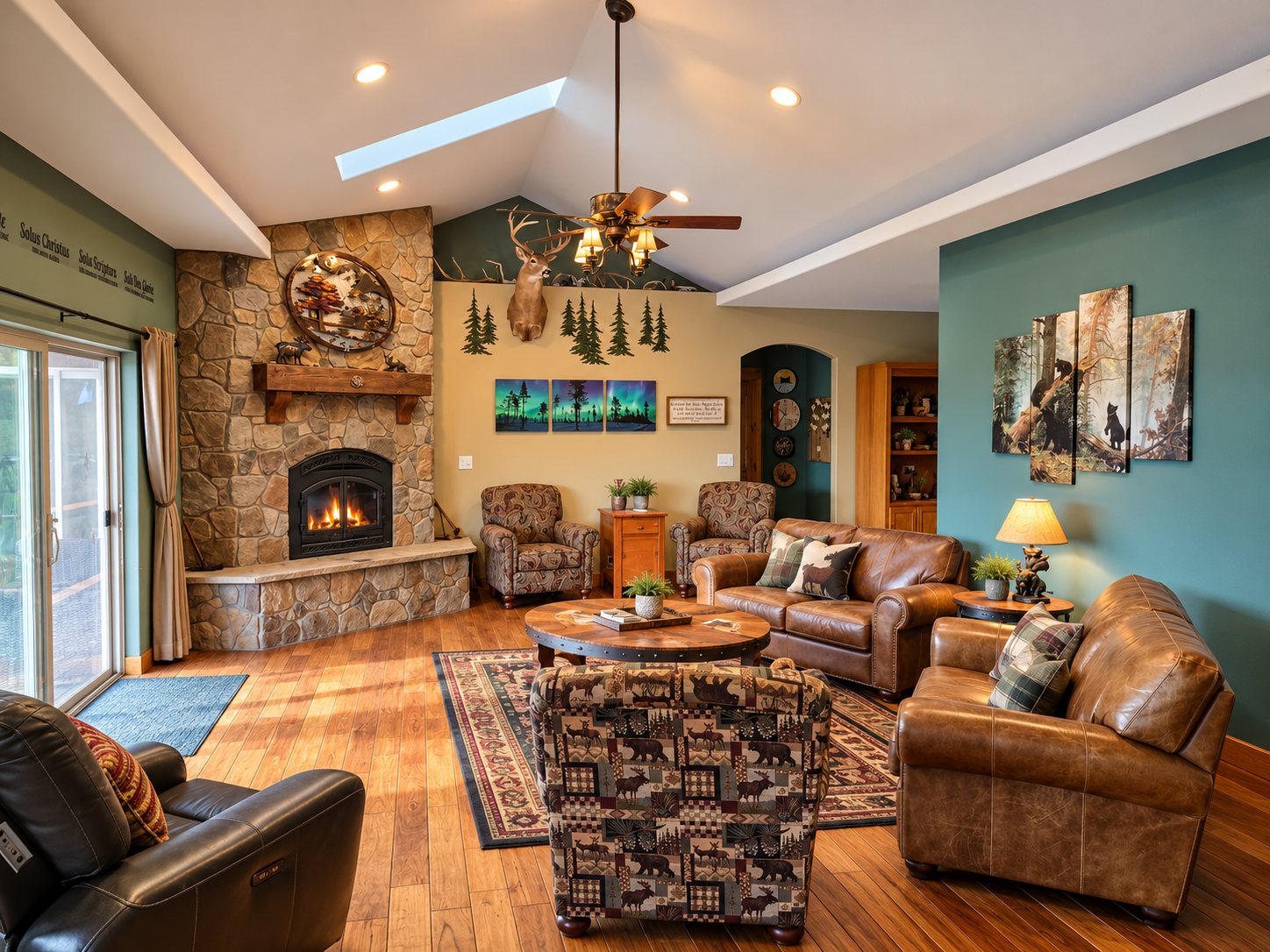 Vaulted living room with a stone corner fireplace, skylight and wide-plank floors