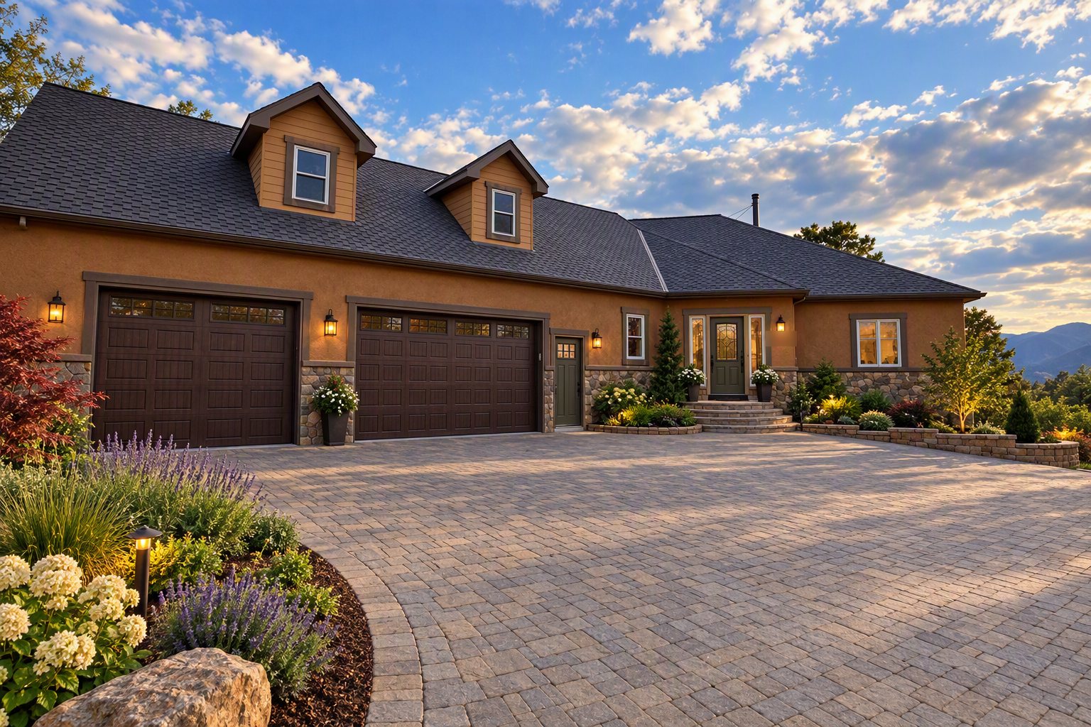 Mark and Tracy Gilliland&rsquo;s home, with a paver driveway, stone accents and evening light