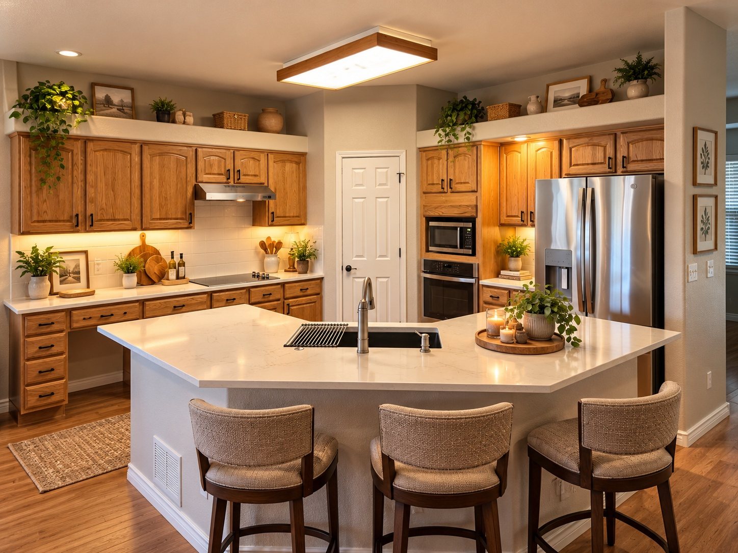 Bright kitchen with oak cabinets, a quartz island and seating for three