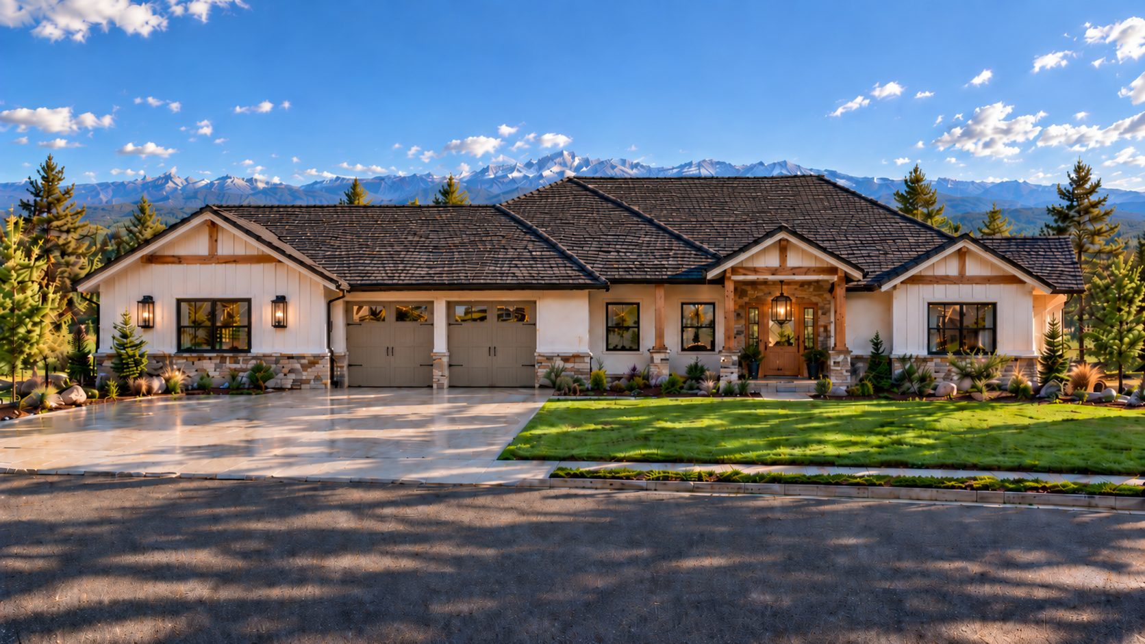 Rendering of the single-level Cornerstone home now being built in Black Forest, with Pikes Peak behind